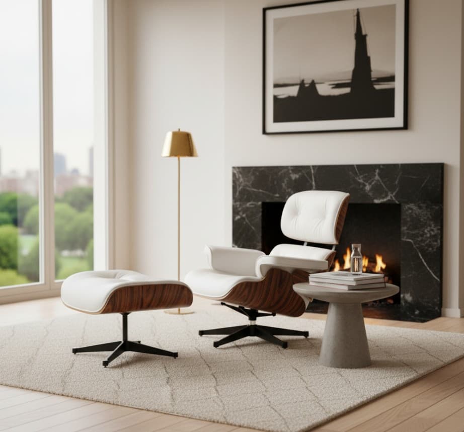 Mid-Century Lounge Chair & Ottoman White Leather 