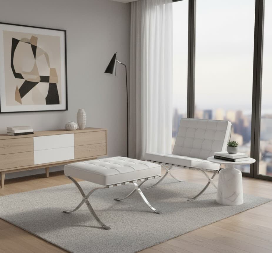 Luxury Mid-Century Ottoman White Leather 