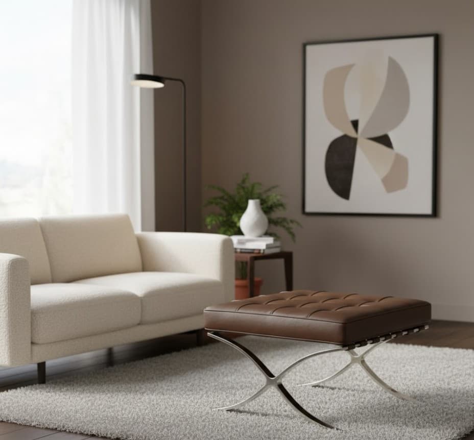 Luxury Mid-Century Dark Brown Leather Ottoman