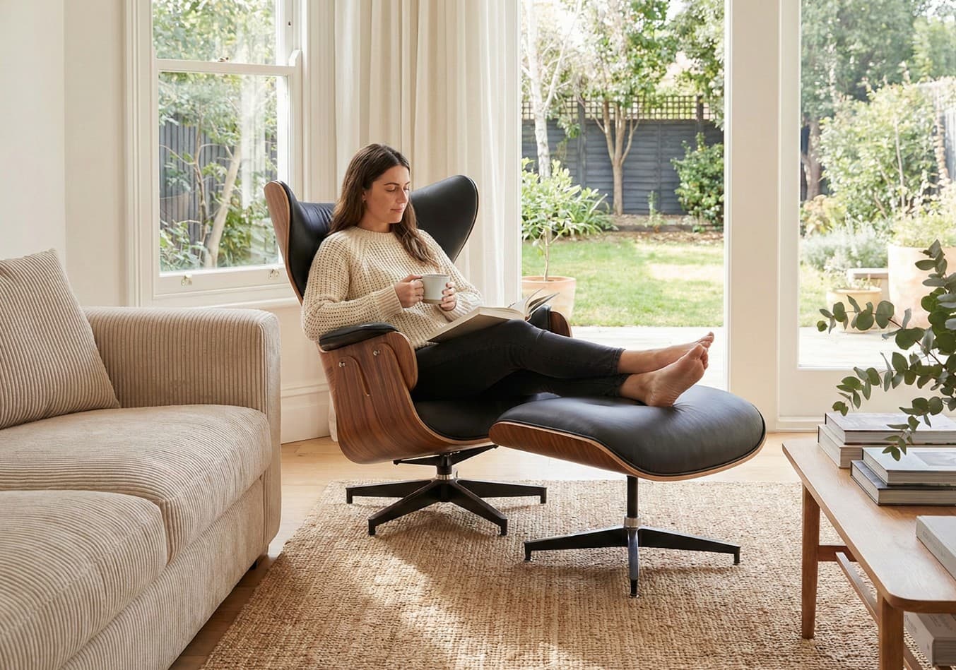 'The Icon' Mid Century Lounge Chair + Ottoman Black Leather