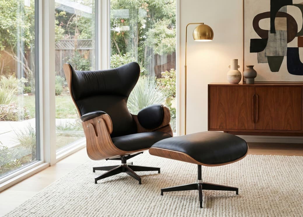 'The Icon' Mid Century Lounge Chair + Ottoman Black Leather
