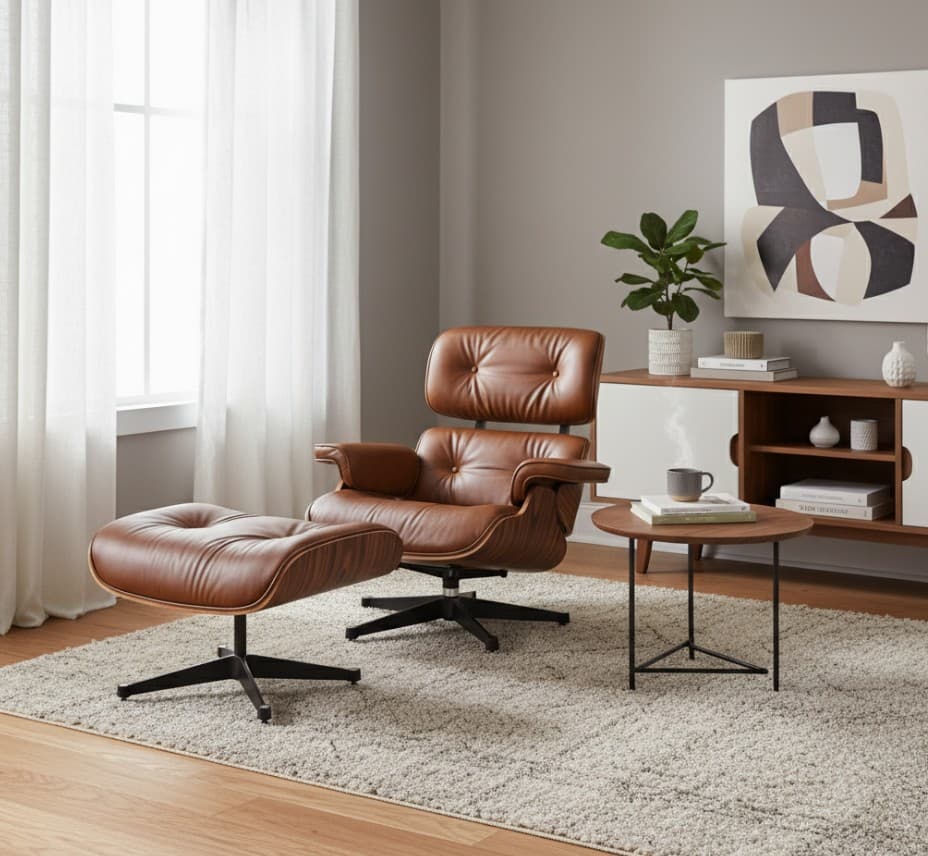 Mid-Century Chair & Ottoman Brown PU Wax Leather