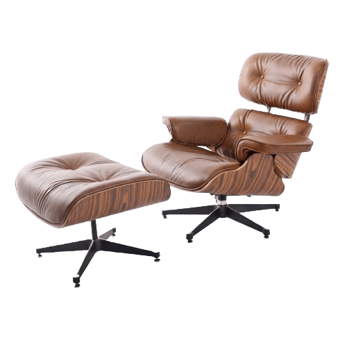 Mid-Century Chair & Ottoman Brown PU Wax Leather