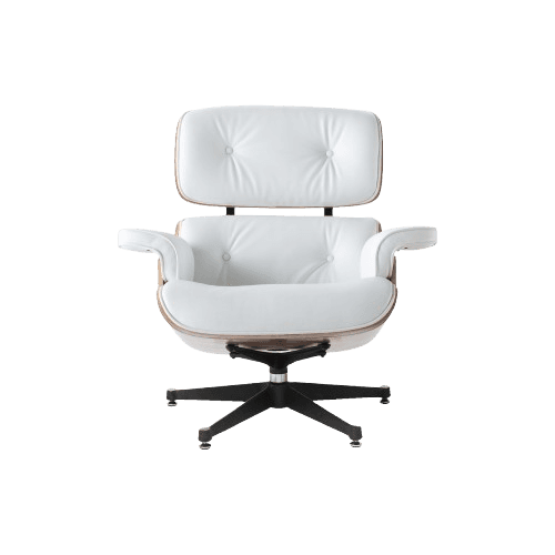 Mid-Century Lounge Chair & Ottoman White Leather 