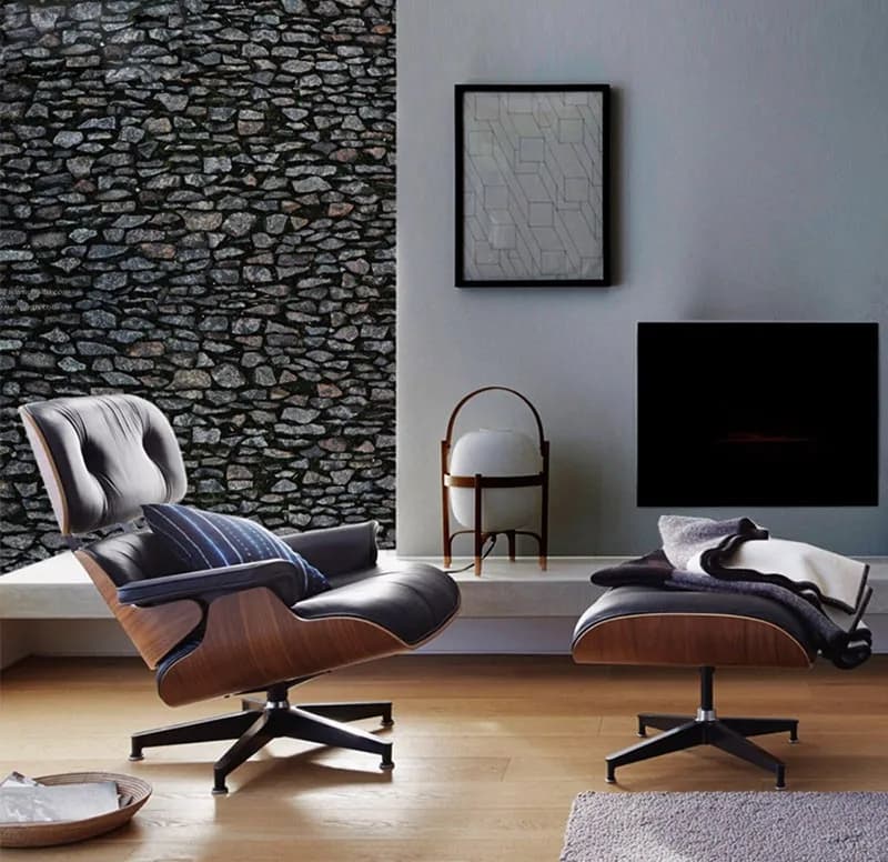 Mid century lounge chair and ottoman black leather