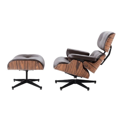 Fauteuil Lounge Et Repose-Pieds Mi-Siècle En Cuir Marron