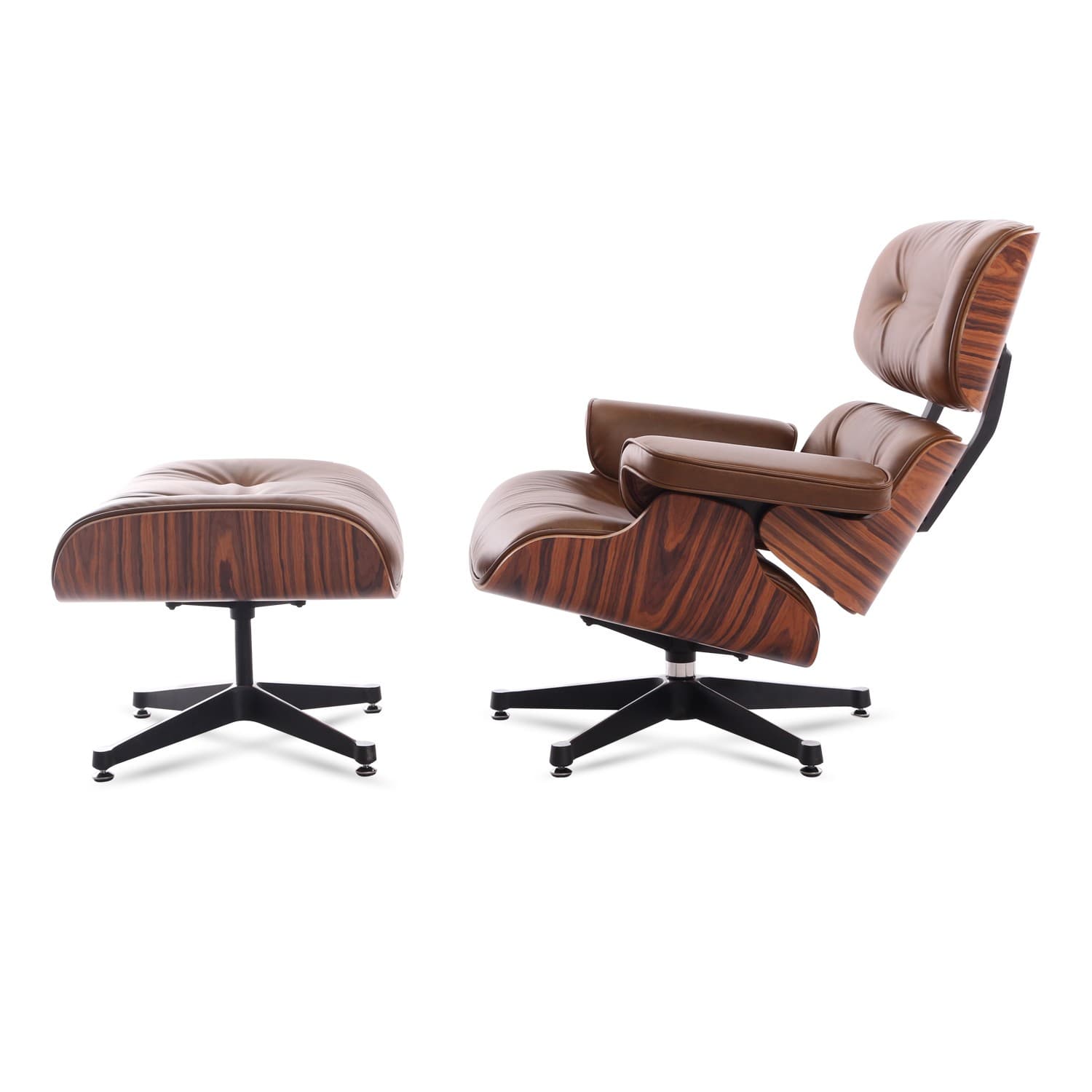 Mid-Century Chair & Ottoman Brown PU Wax Leather