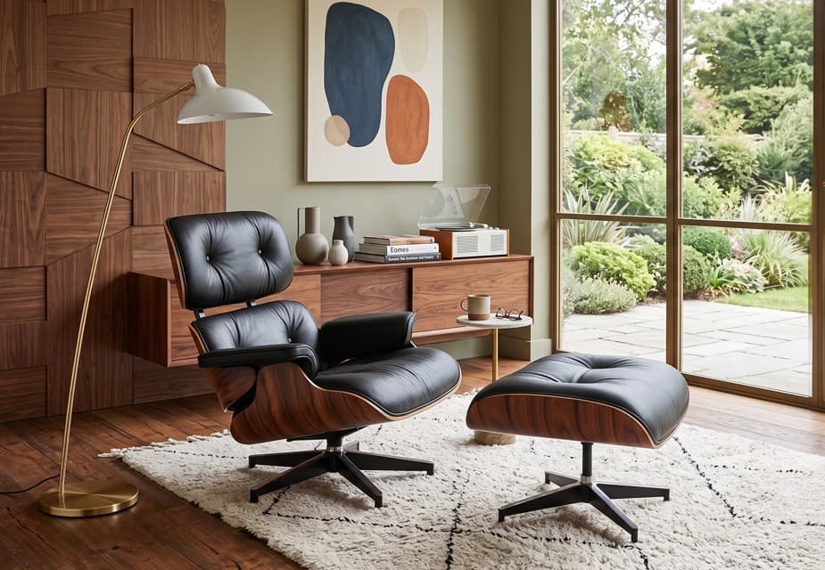 Mid-Century Lounge Chair & Ottoman Black Leather