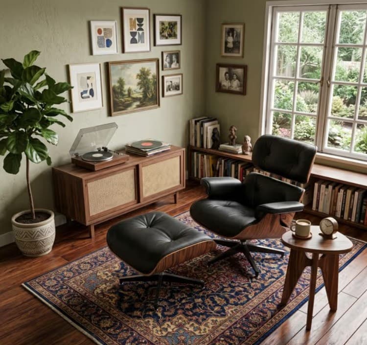 Mid-Century Lounge Chair & Ottoman Black Leather