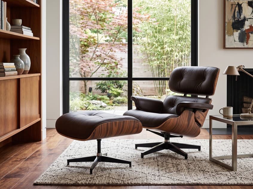Fauteuil Lounge Et Repose-Pieds Mi-Siècle En Cuir Marron