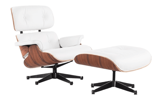 Mid-Century Lounge Chair & Ottoman White Leather