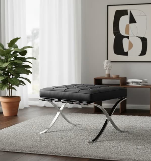 Luxury Mid-Century Black Leather Ottoman