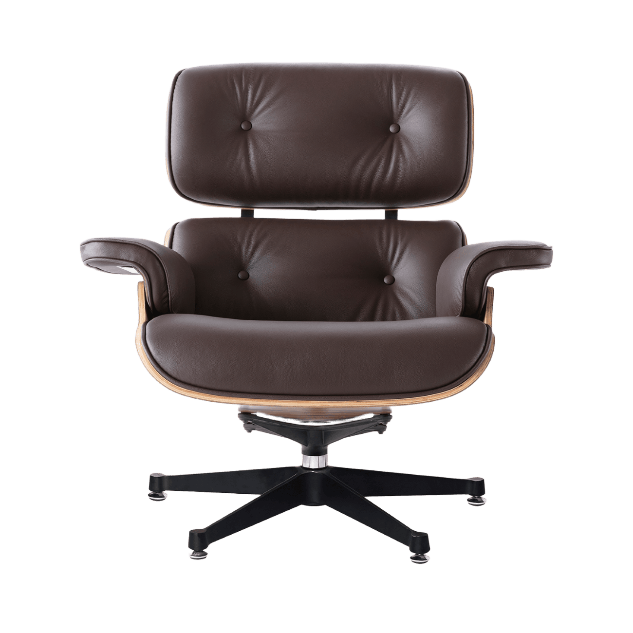 Mid-century loungefauteuil met hocker in bruin leer