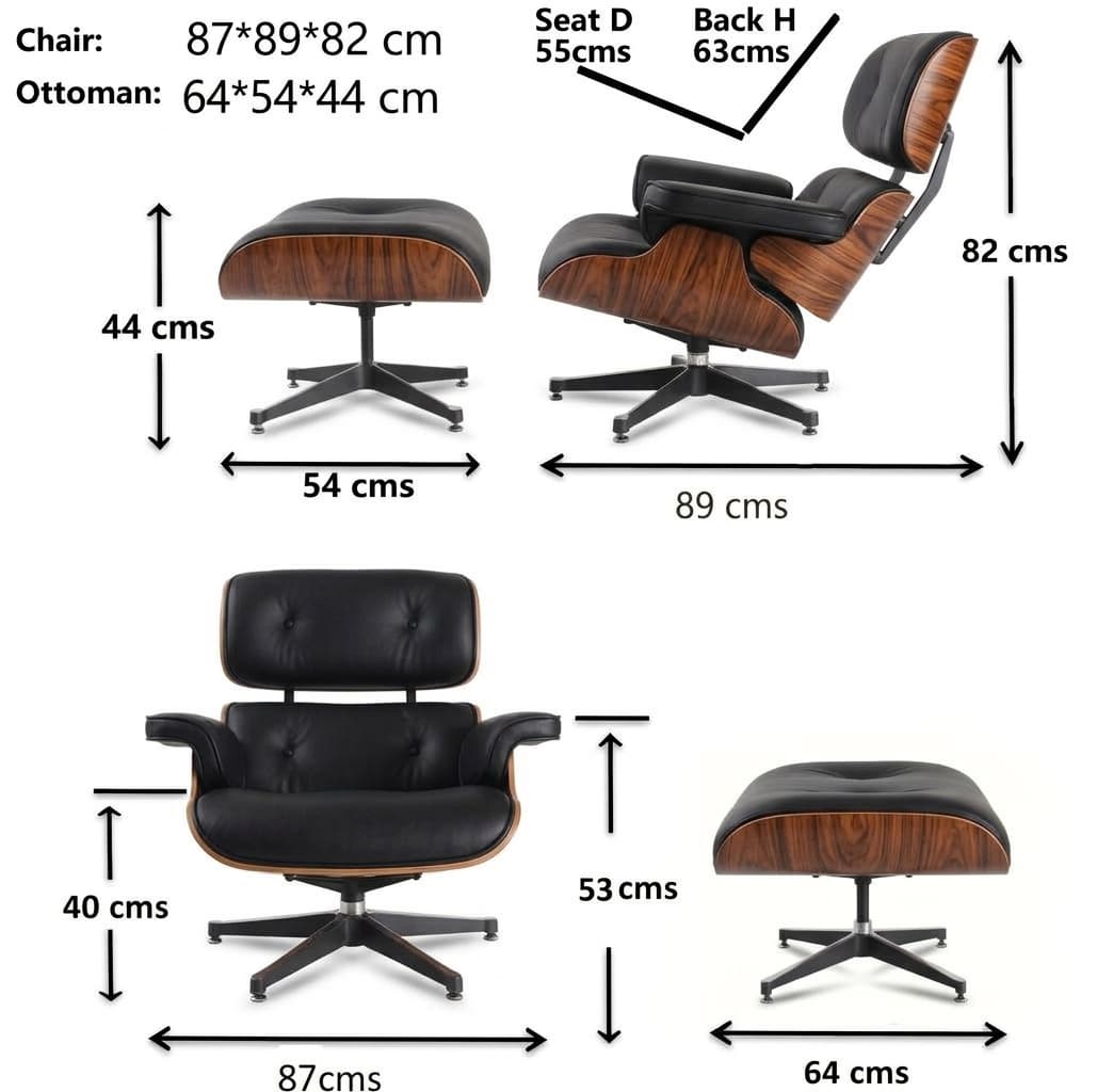 Fauteuil lounge mid-century & repose-pieds cuir noir